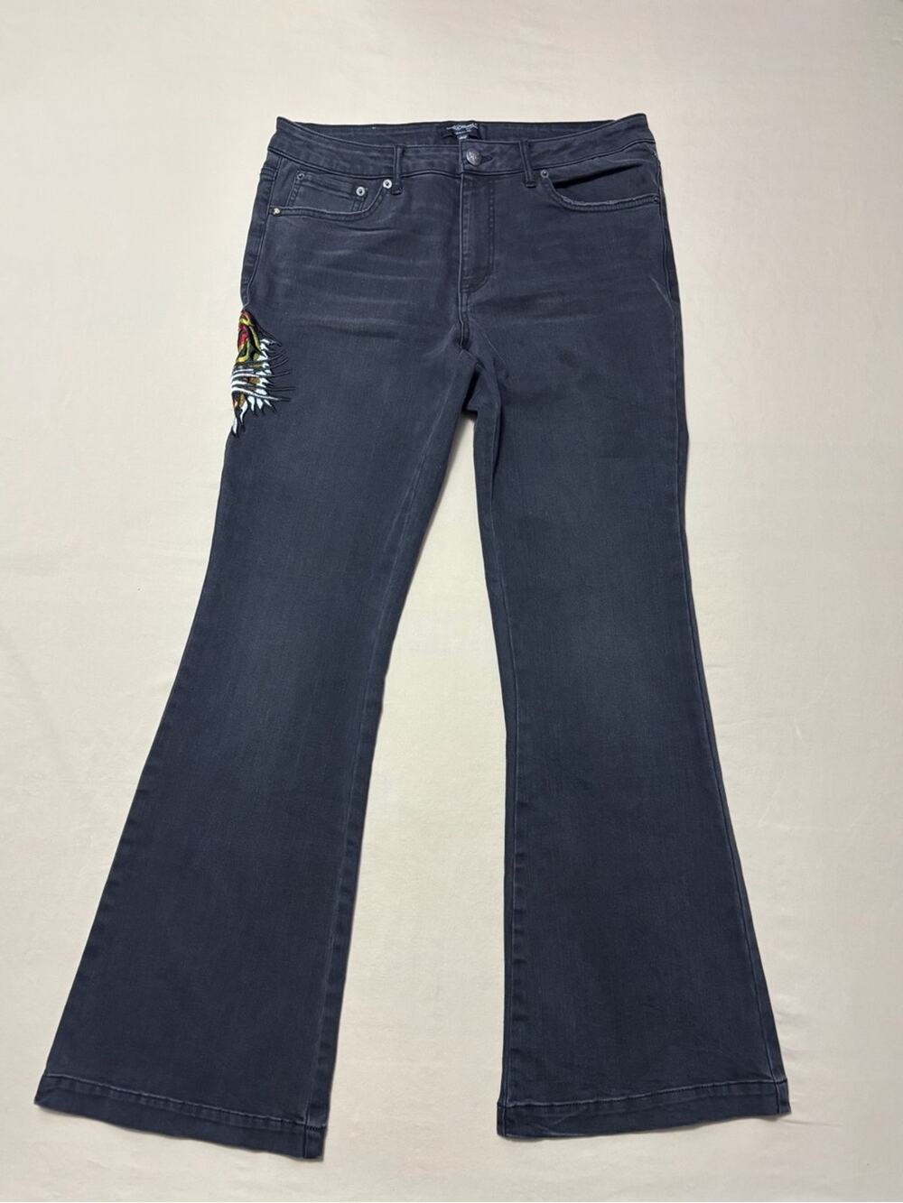 Ed Hardy Vintage Y2K Streetwear Women's Tiger Embroidered Black Flared Jeans 30